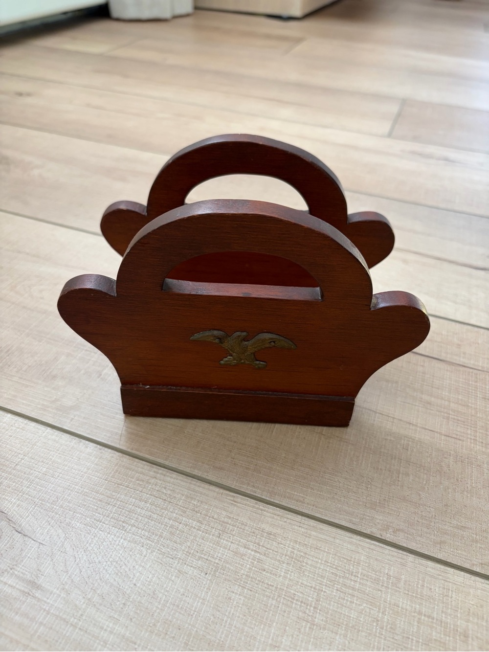 Vintage MCM Wooden Napkin Letter Holder Brass Federal Eagle Sorter Americana
